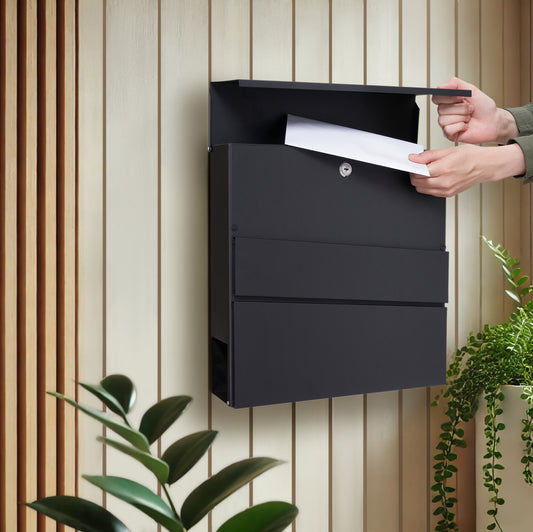 Wall Mounted Post Box with Newspaper Holder - Lockable Letterbox with 2 Keys