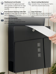 Wall Mounted Post Box with Newspaper Holder, Lockable with 2 Keys, Modern Design, Easy to Install, 37x10.5x37 cm (Black)