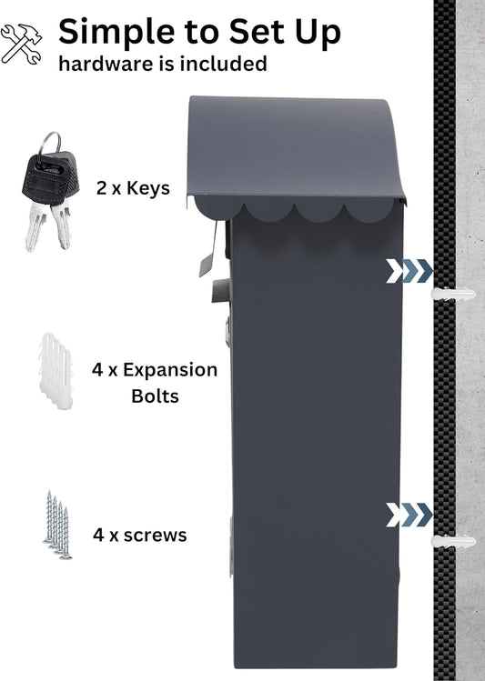 Assorted Collections Wall Mounted Post Box, Lockable Mailbox with 2 Keys, Weatherproof Galvanized Steel Letterbox, Easy to Install, 36x13x37cm (Grey)