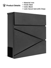 Wall Mounted Post Box with Newspaper Holder, Lockable with 2 Keys, Modern Design, Easy to Install, 37x10.5x37 cm (Black)