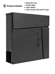Wall Mounted Post Box with Newspaper Holder, Lockable with 2 Keys, Modern Design, Easy to Install, 37x10.5x37 cm (Black)