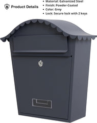 Assorted Collections Wall Mounted Post Box, Lockable Mailbox with 2 Keys, Weatherproof Galvanized Steel Letterbox, Easy to Install, 36x13x37cm (Grey)