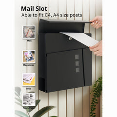 Wall Mounted Post Box with Newspaper Holder - Lockable with 2 Keys