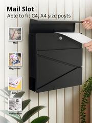 Wall Mounted Post Box with Newspaper Holder, Lockable with 2 Keys, Modern Design, Easy to Install, 37x10.5x37 cm (Black)