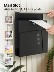 Wall Mounted Post Box with Newspaper Holder, Lockable with 2 Keys, Modern Design, Easy to Install, 37x10.5x37 cm (Black)