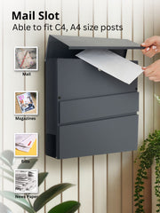Wall Mounted Post Box with Newspaper Holder - Lockable Letterbox with 2 Keys