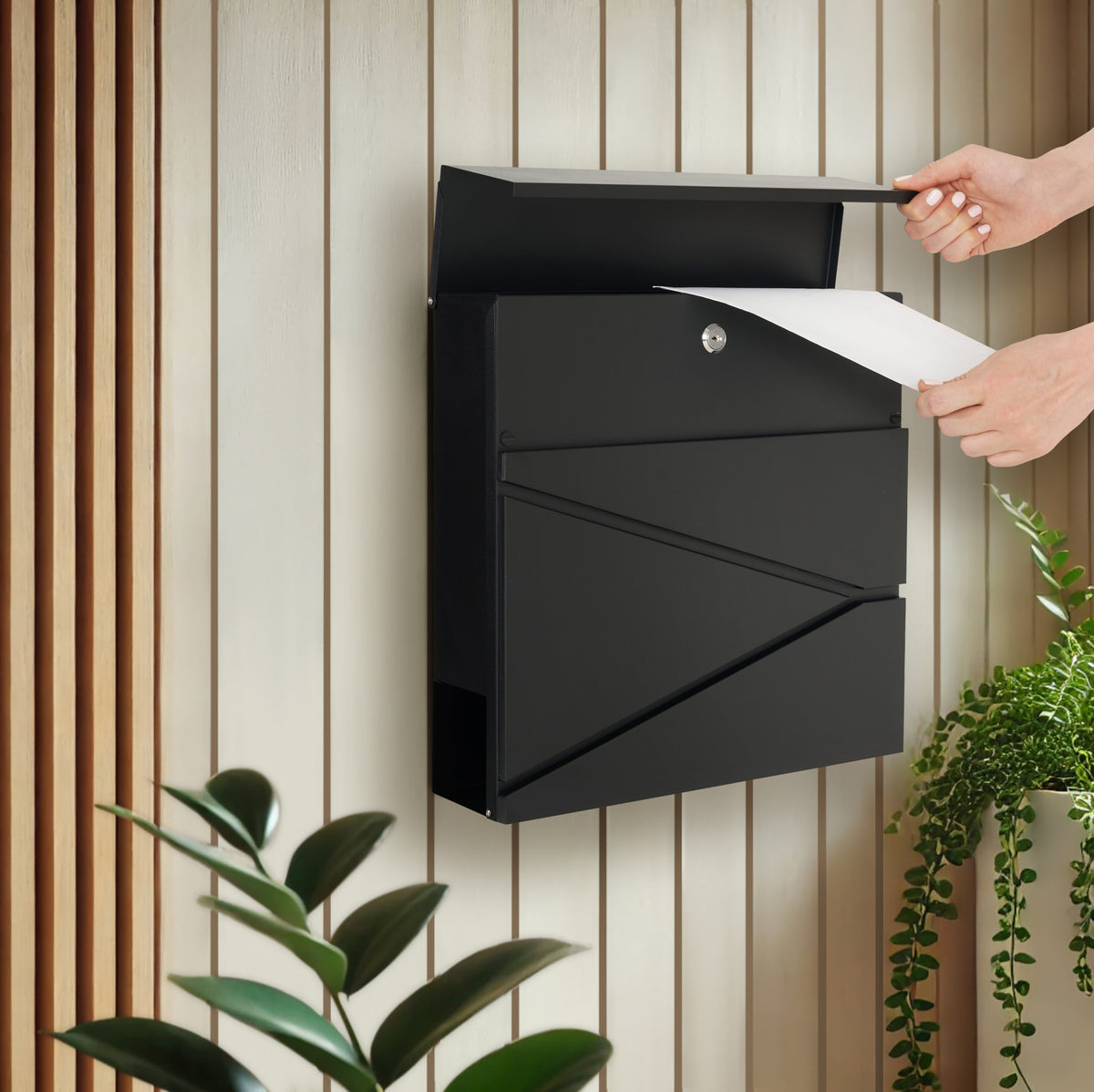 Wall Mounted Post Box with Newspaper Holder, Lockable with 2 Keys, Modern Design, Easy to Install, 37x10.5x37 cm (Black)