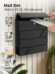 Wall Mounted Post Box with Newspaper Holder - Lockable with 2 Keys