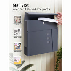 Wall Mounted Post Box with Newspaper Holder - Lockable with 2 Keys