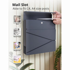 Wall Mounted Post Box with Newspaper Holder - Lockable with 2 Keys