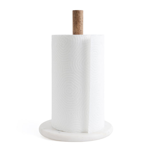 Natural Wood Kitchen Roll Holder Dispenser with Marble Base for Standard Rolls