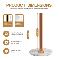 Kitchen Roll Holder Dispenser Countertop Kitchen Towel Holder Free Standing Paper Roll Holders with Marble Base for Standard Rolls (Rose Gold)
