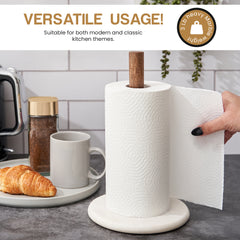 Natural Wood Kitchen Roll Holder Dispenser with Marble Base for Standard Rolls