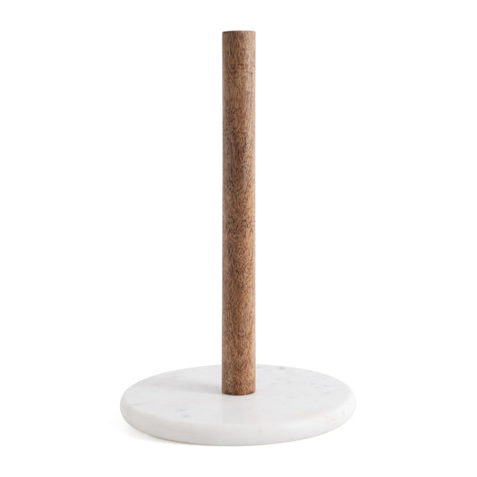 Natural Wood Kitchen Roll Holder Dispenser with Marble Base for Standard Rolls